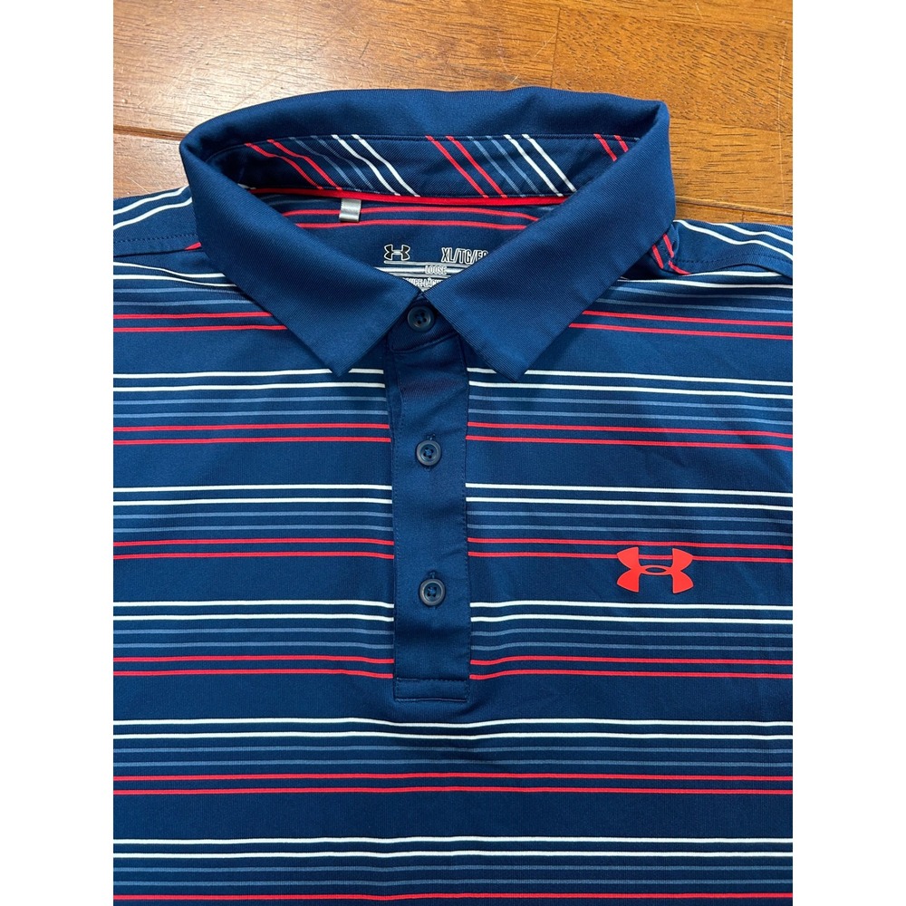 Under Armour Polo Shirt Mens XL Blue Striped HeatGear Short Sleeve Golf Top